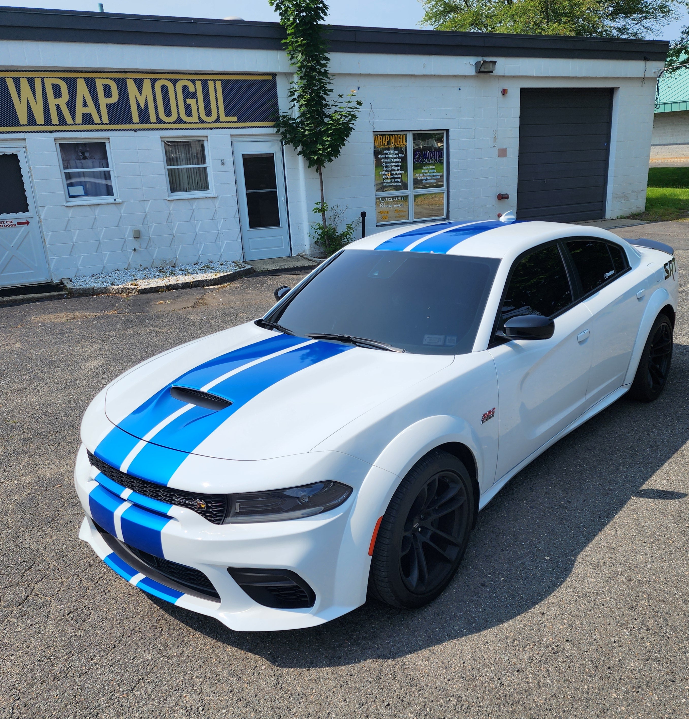 Dodge Charger Scat Pack racing stripes blue fire