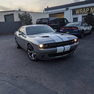 Dodge Challenger gloss white racing stripes center