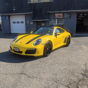 Porsche satin black racing stripe center dual