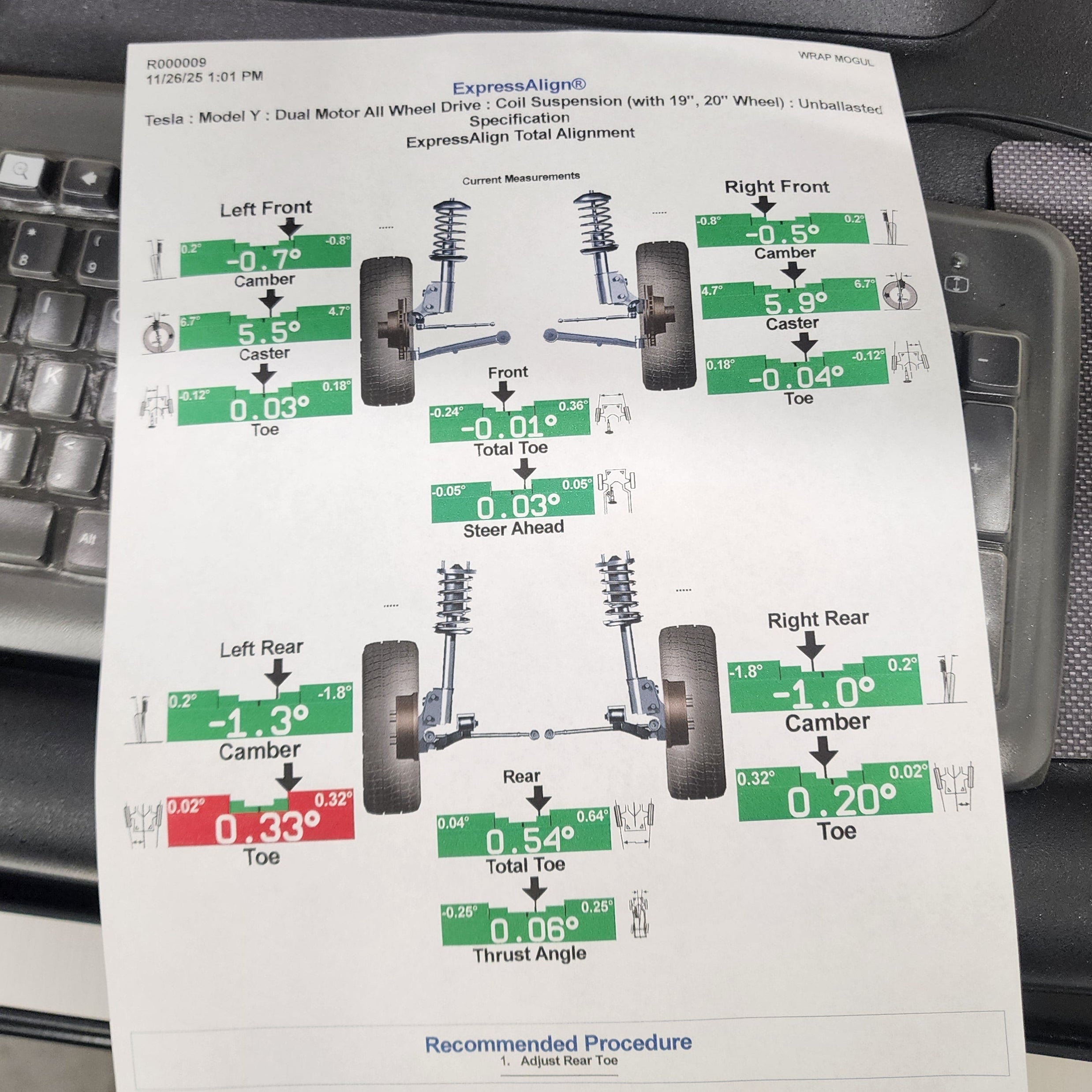 Hunter alignment printout showing pre alignment data